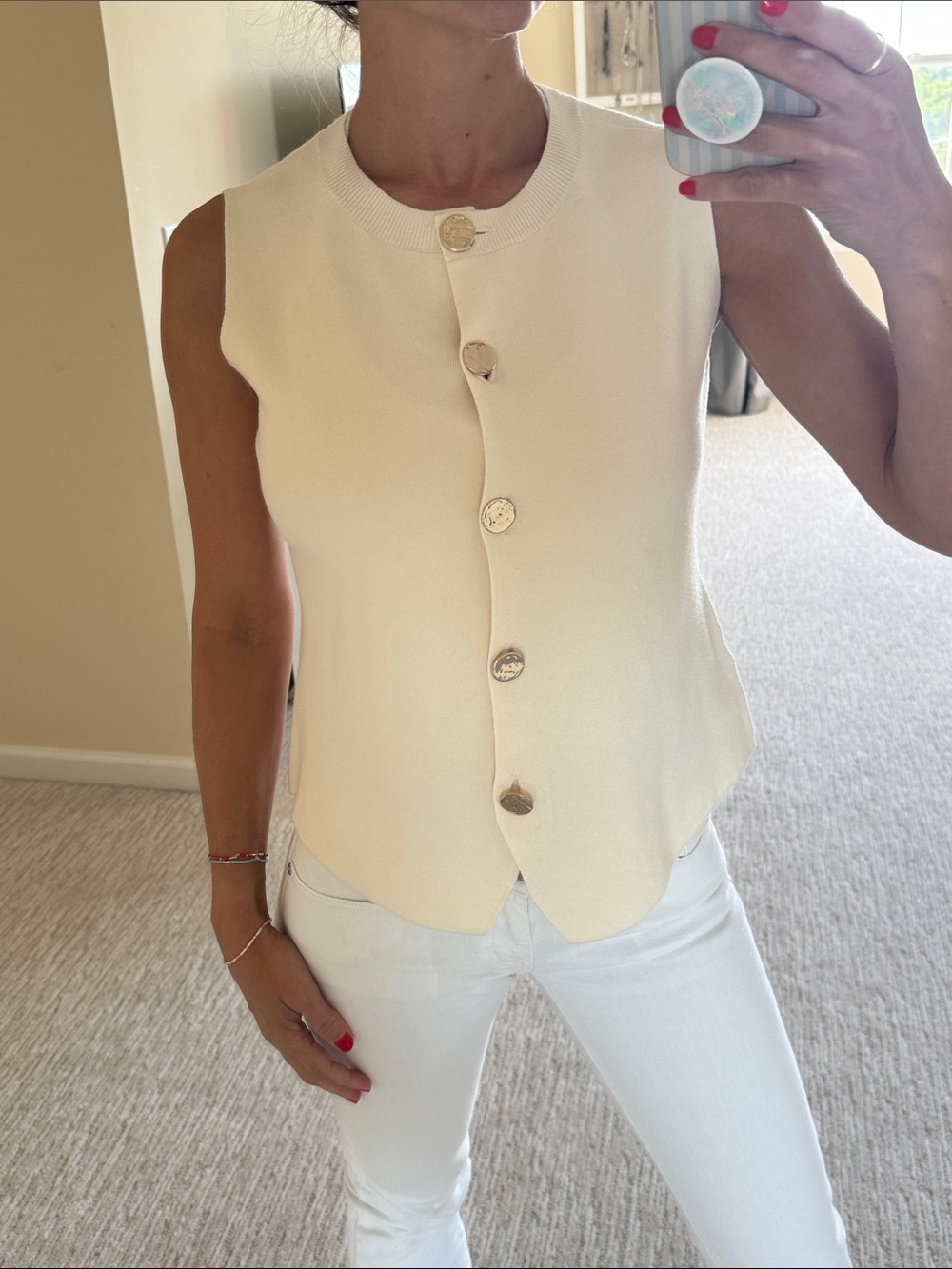 Sleeveless Cream Button-Front Knit Top